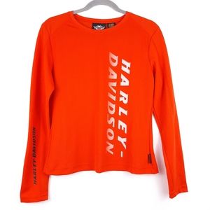 Harley Davidson Motorcycles Orange Long Sleeved Top Spell Out Size Medium